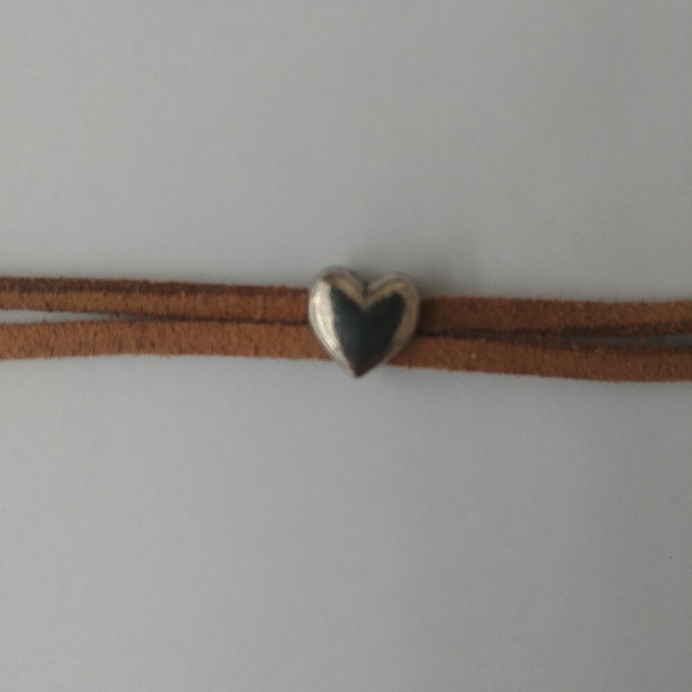 Y2K Brown leather double strand short necklace choker silver heart - Picture 8 of 9